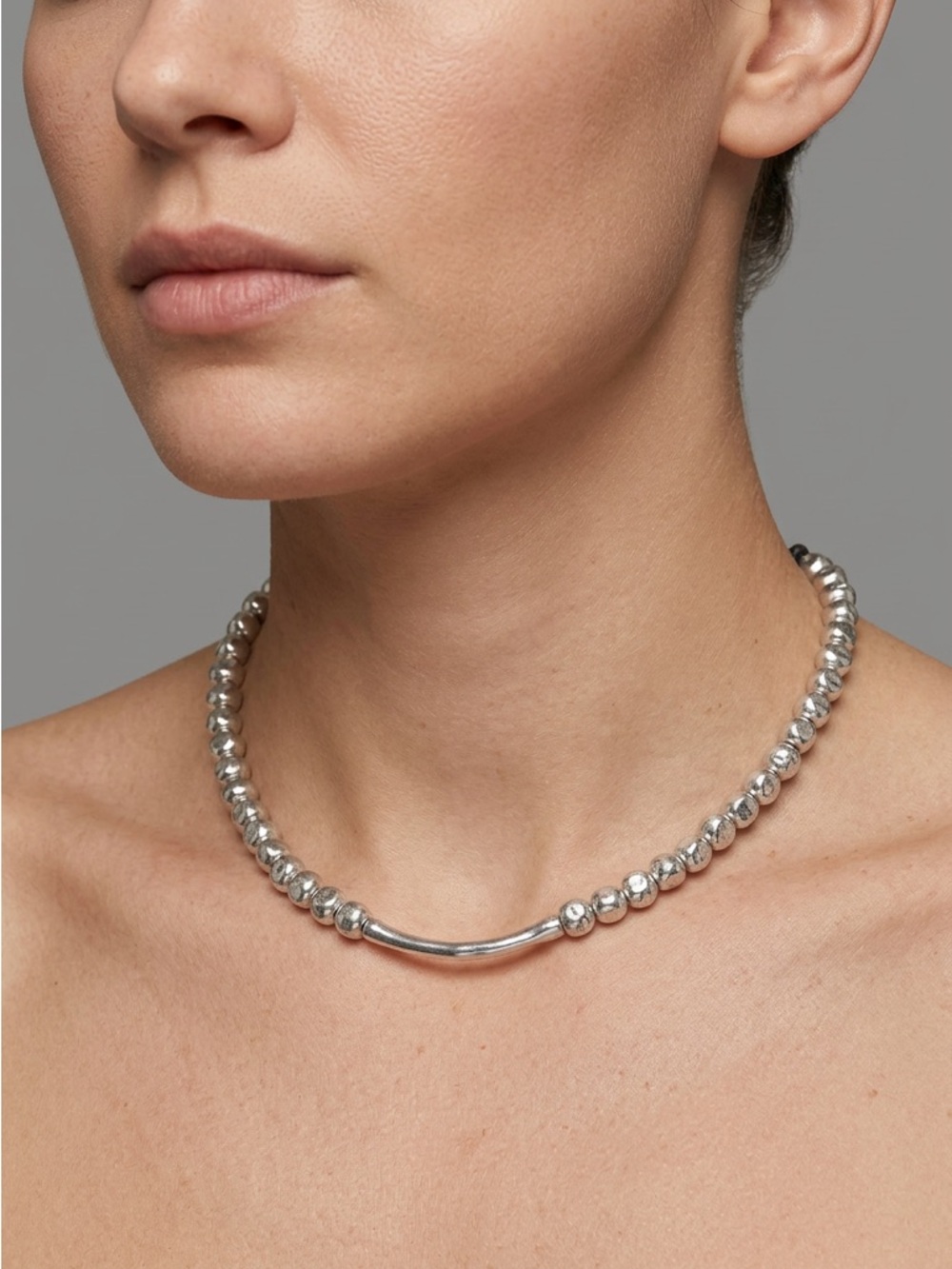 Beaded Bar Statement Necklace Minimalist Designer Inspired Silver 18"